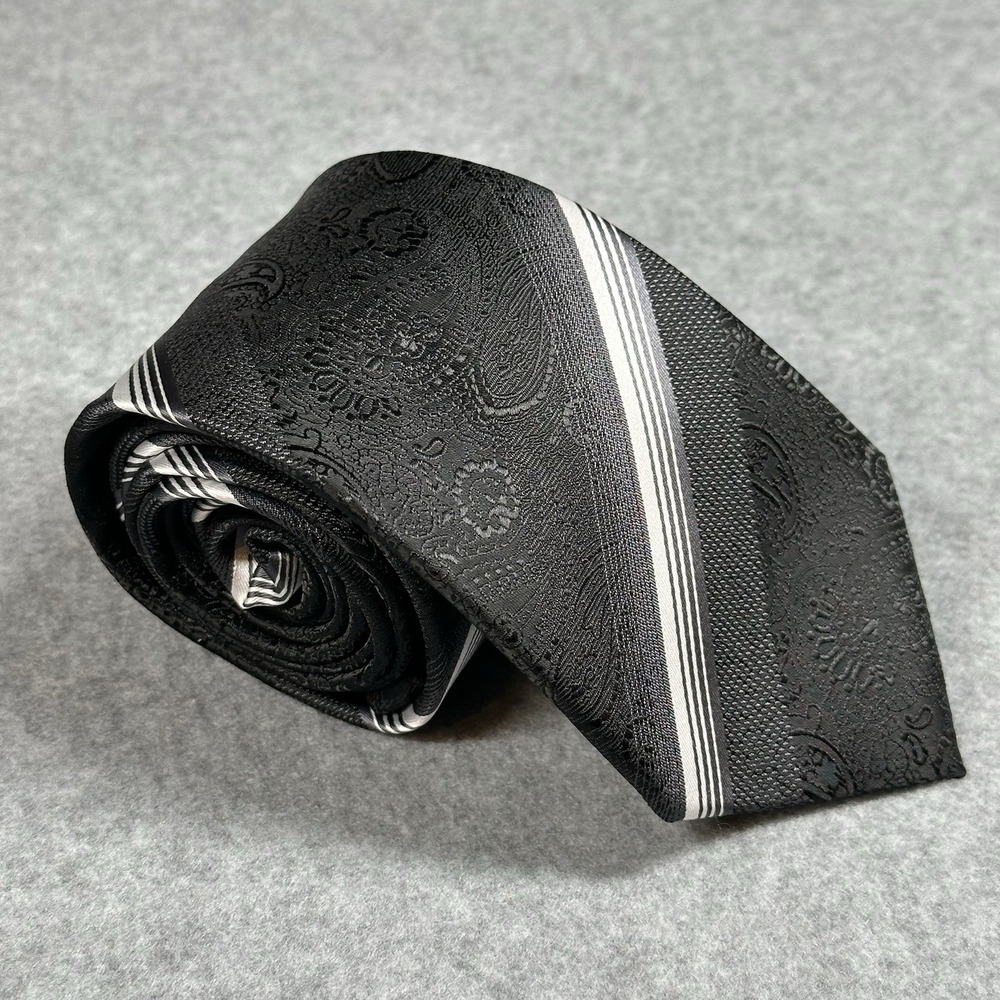 Charles's Wain Black Paisley Jacquard Stripe Microfiber Necktie Handmade 60x3"